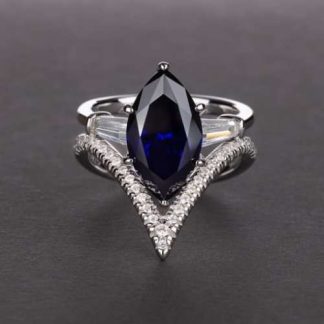 Silver Marquise and V Shape Sideband Ring Set – Blue N